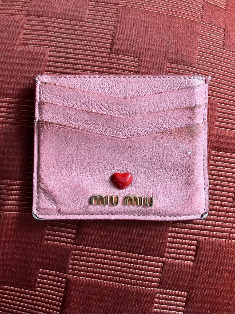Miu Miu Pink Leather Card Holder and wallet with Red Heart Accent